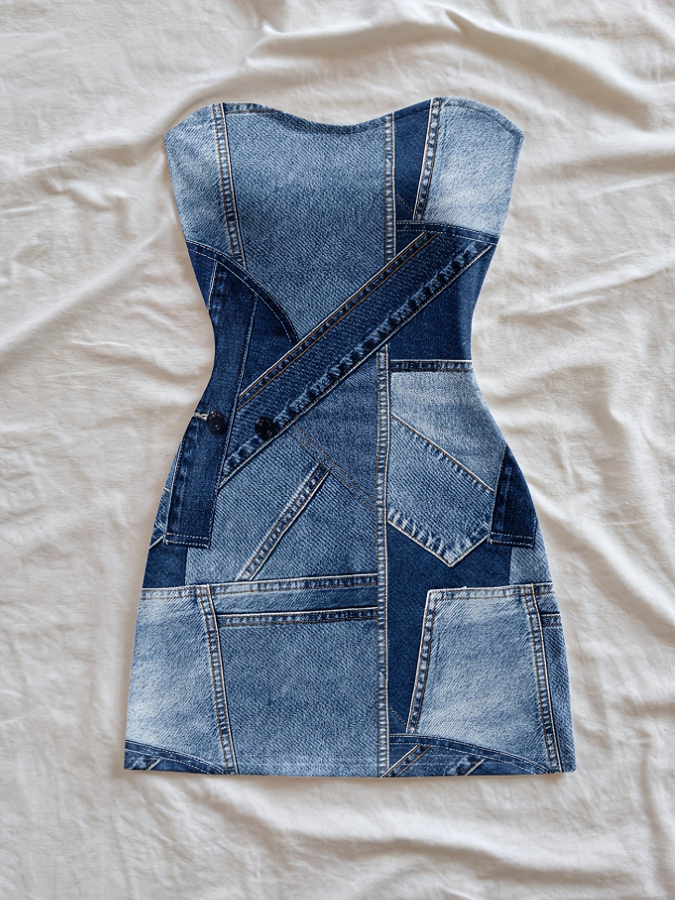Women's Strapless Denim Patchwork Bodycon Mini Dress