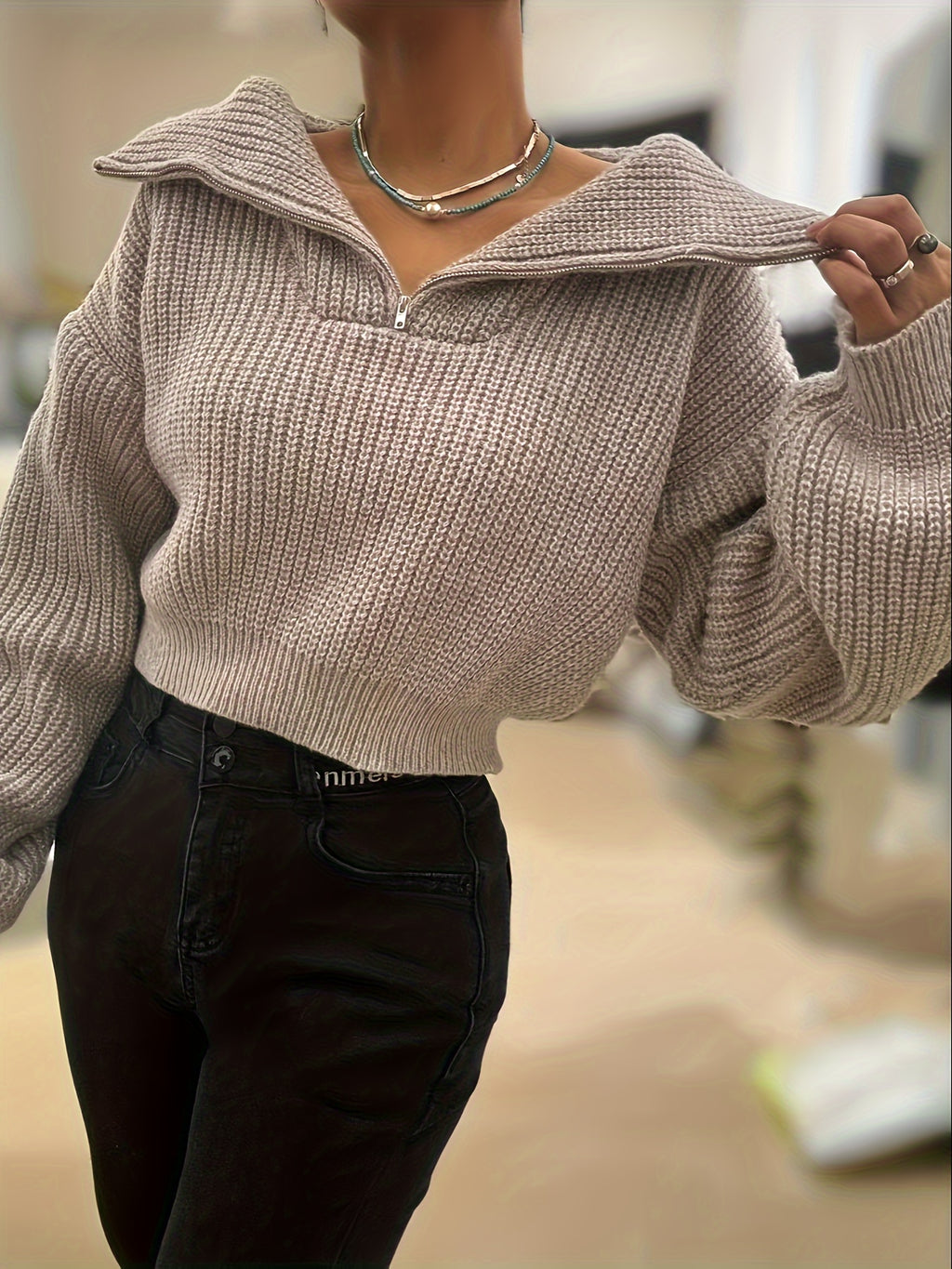 Women's Beige Half-Zip Cropped Knit Sweater
