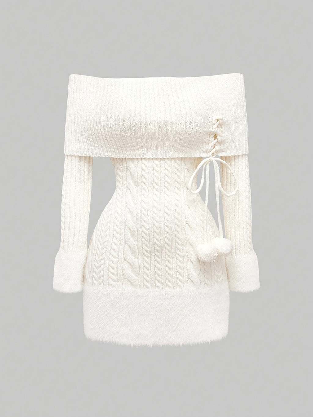 Women's White Off-Shoulder Cable Knit Mini Dress with Faux Fur Trim