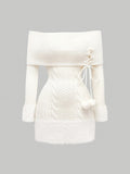 Women's White Off-Shoulder Cable Knit Mini Dress with Faux Fur Trim