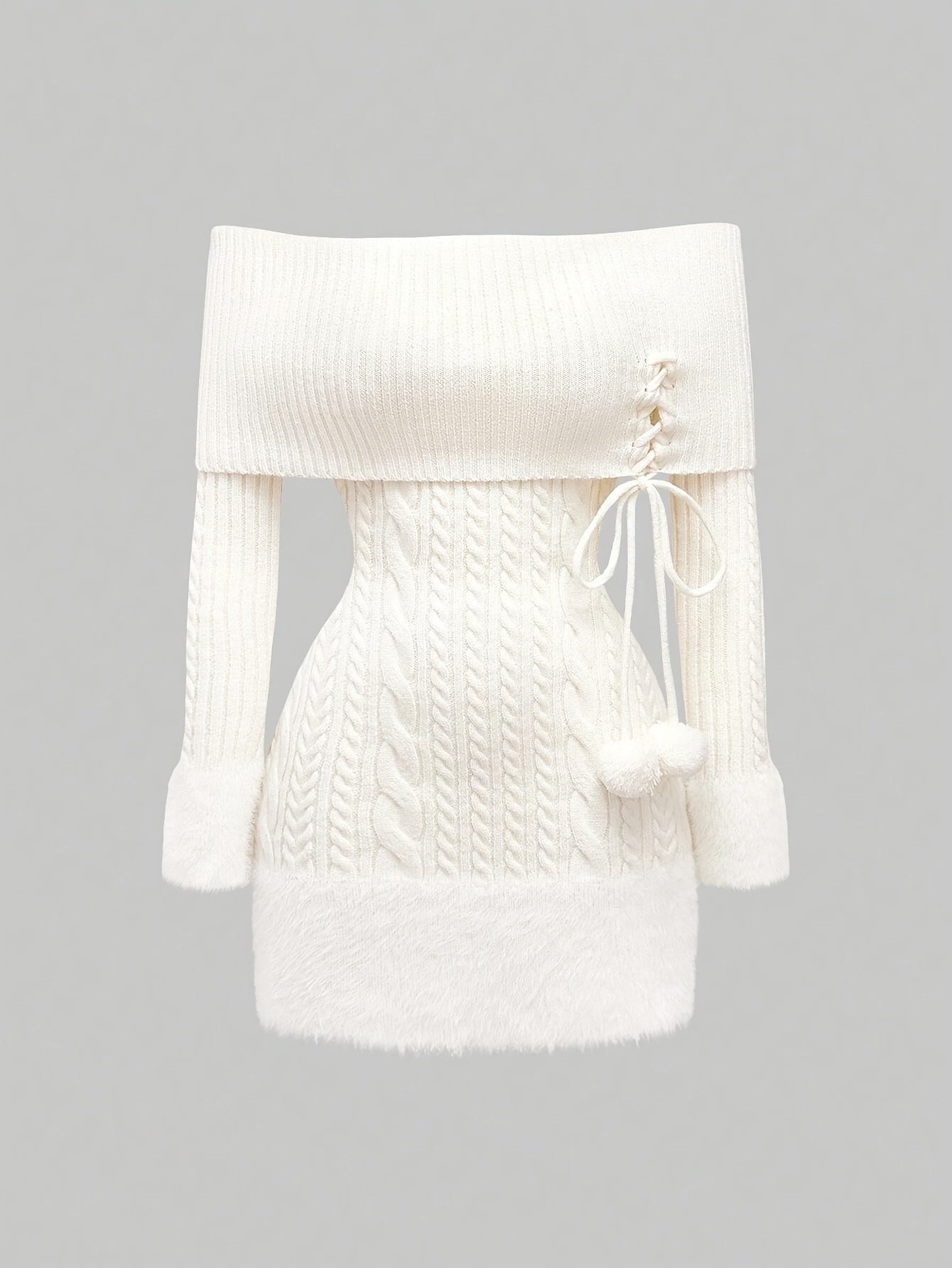 Women's White Off-Shoulder Cable Knit Mini Dress with Faux Fur Trim