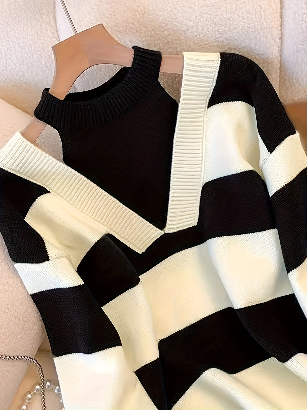 Women's Black & White Striped Cold Shoulder Oversized Knit Sweater