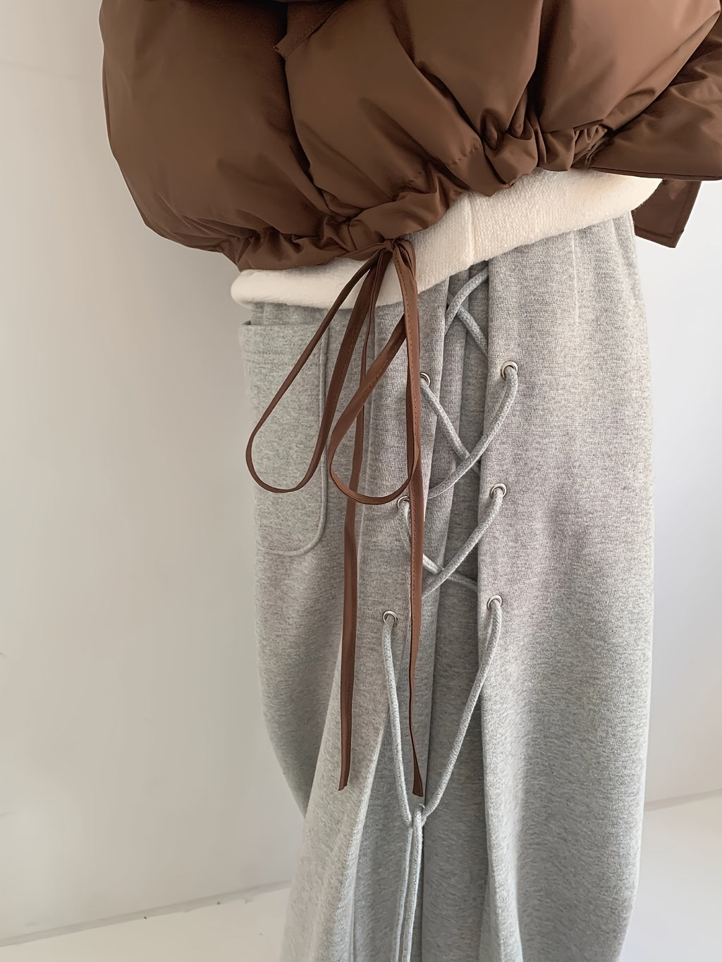 Women's Grey Lace-Up Side Oversized Sweatpants