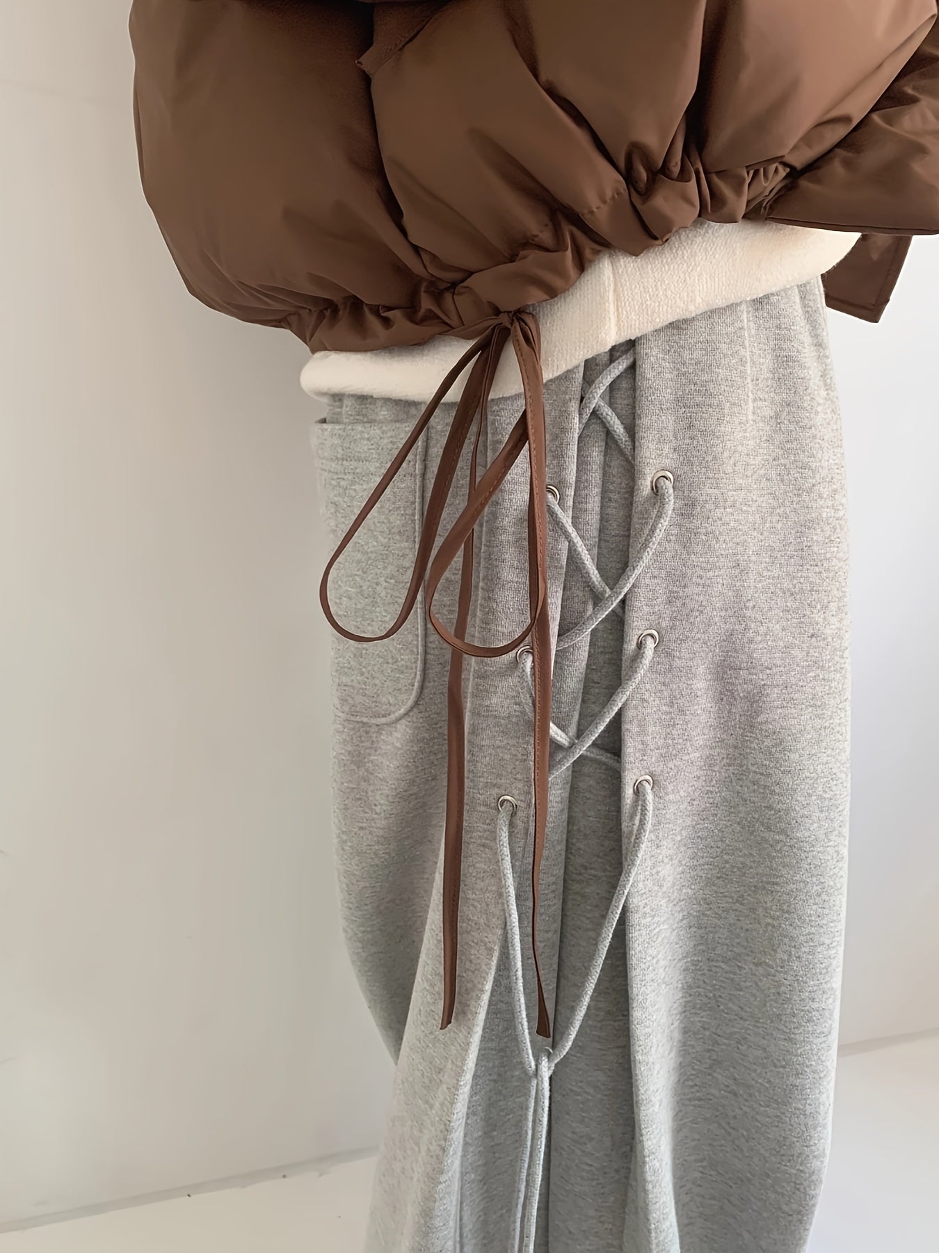 Women's Grey Lace-Up Side Oversized Sweatpants