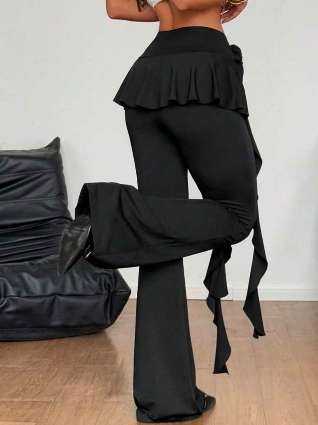Women's Black Ruffled Flare Pants with Rose Detail