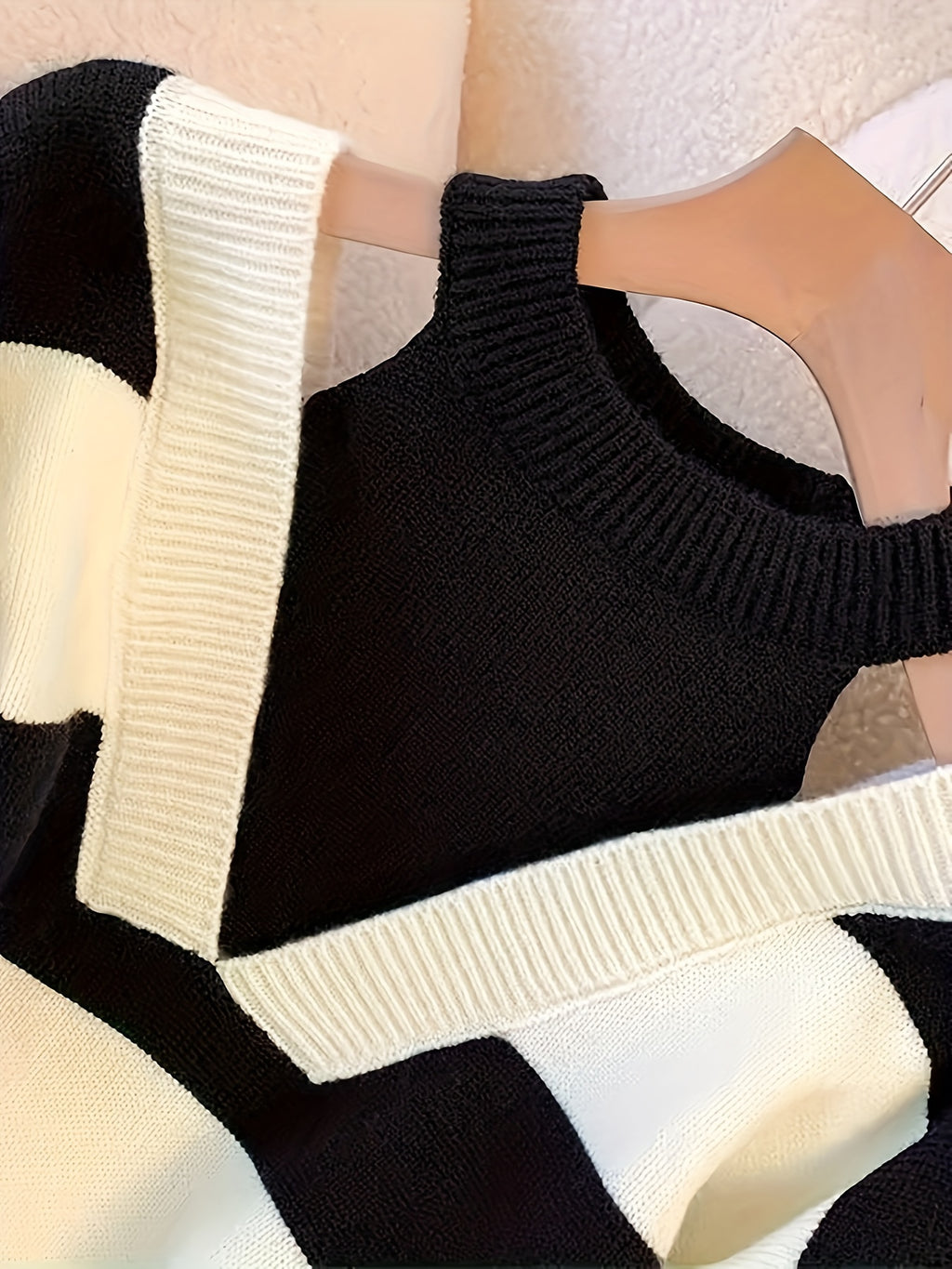 Women's Black & White Striped Cold Shoulder Oversized Knit Sweater