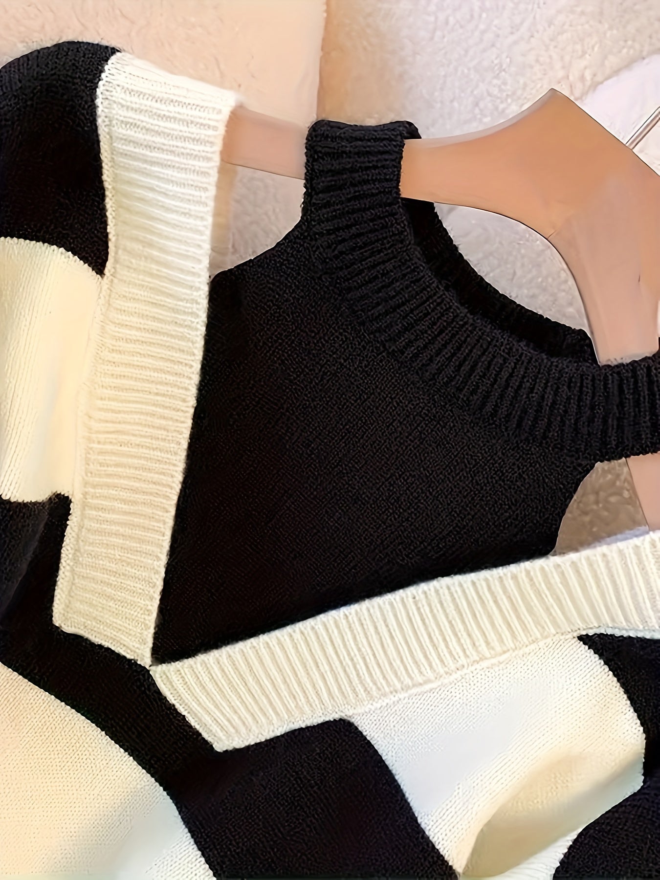 Women's Black & White Striped Cold Shoulder Oversized Knit Sweater