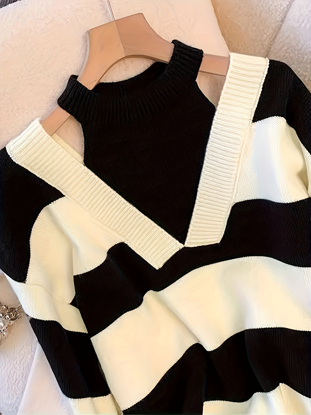 Women's Black & White Striped Cold Shoulder Oversized Knit Sweater