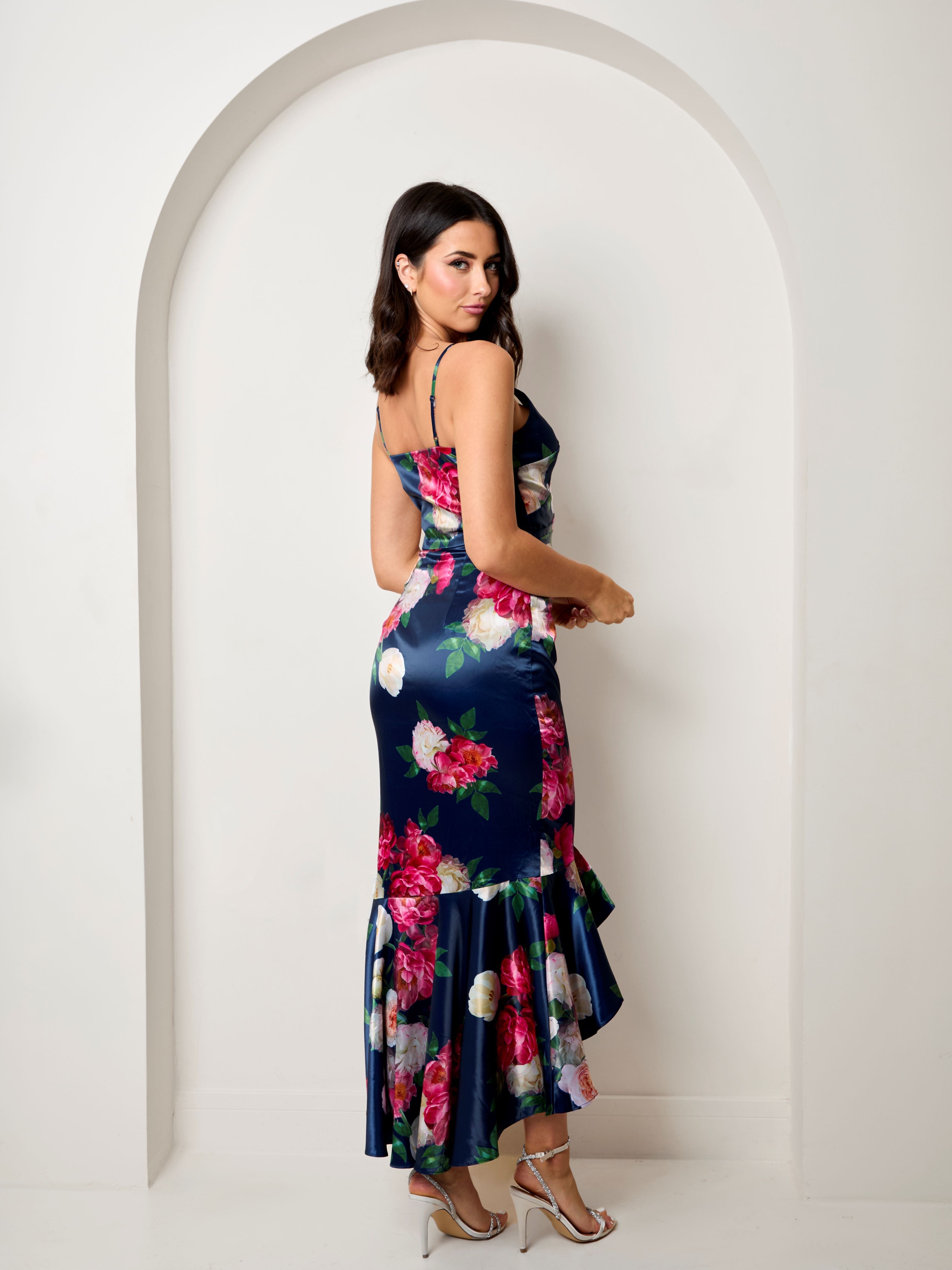 Sleeveless Floral Print Midi Dress in Navy