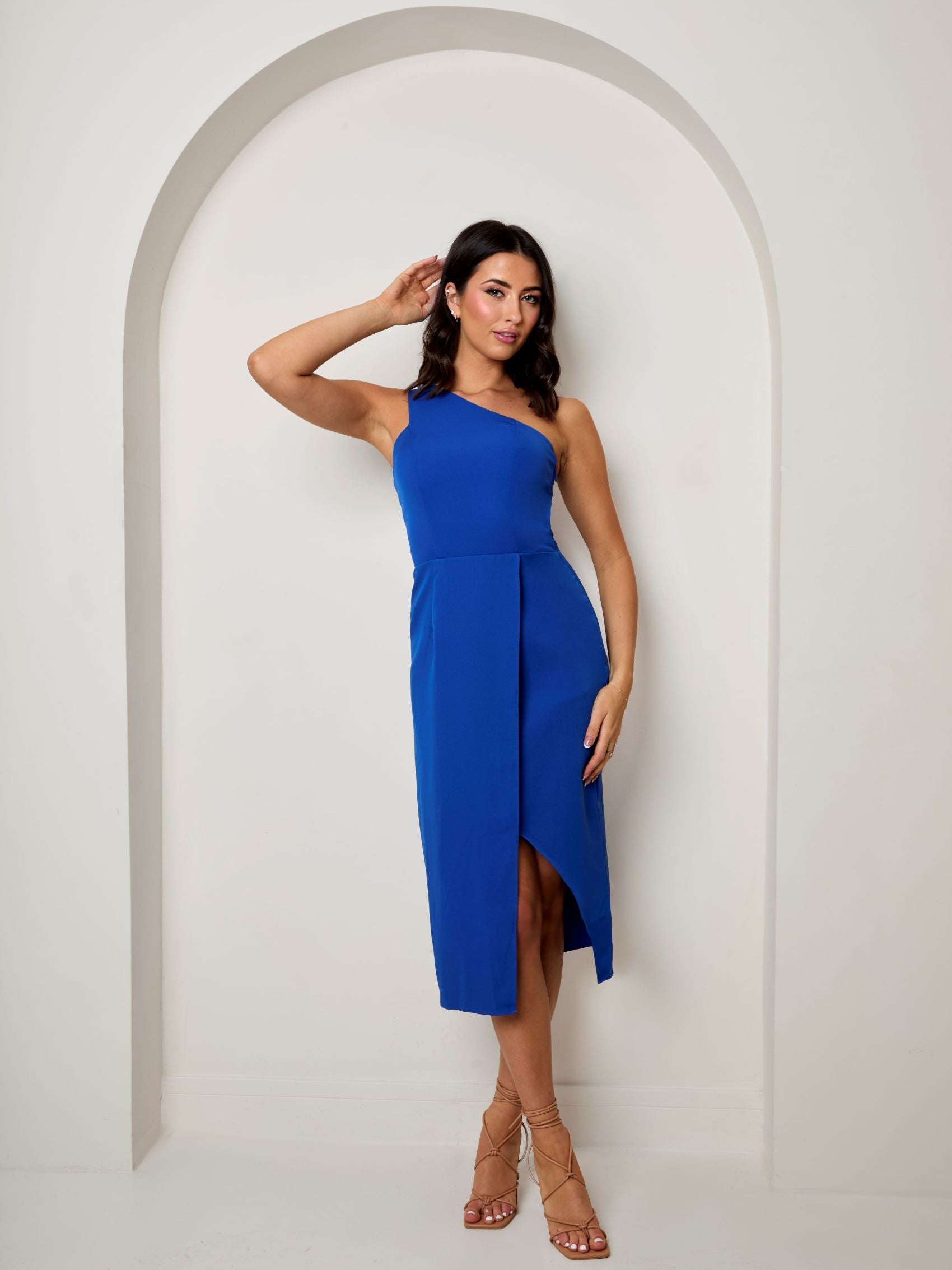 One Shoulder Split Detail Midi Dress in Cobalt