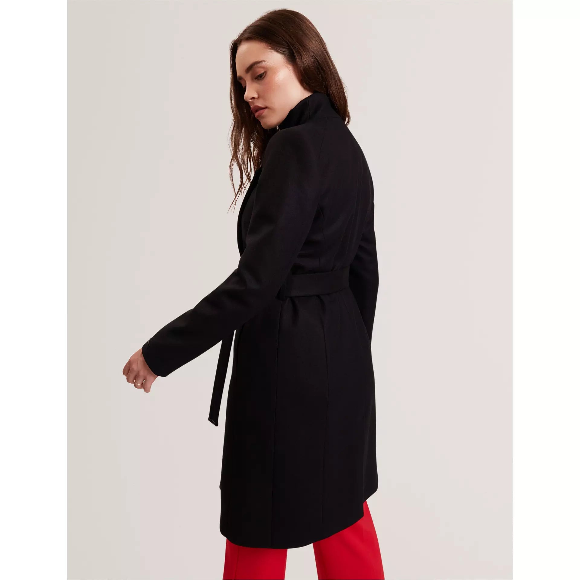Womens Rose Belted Midi Wool Long Sleeve Coat