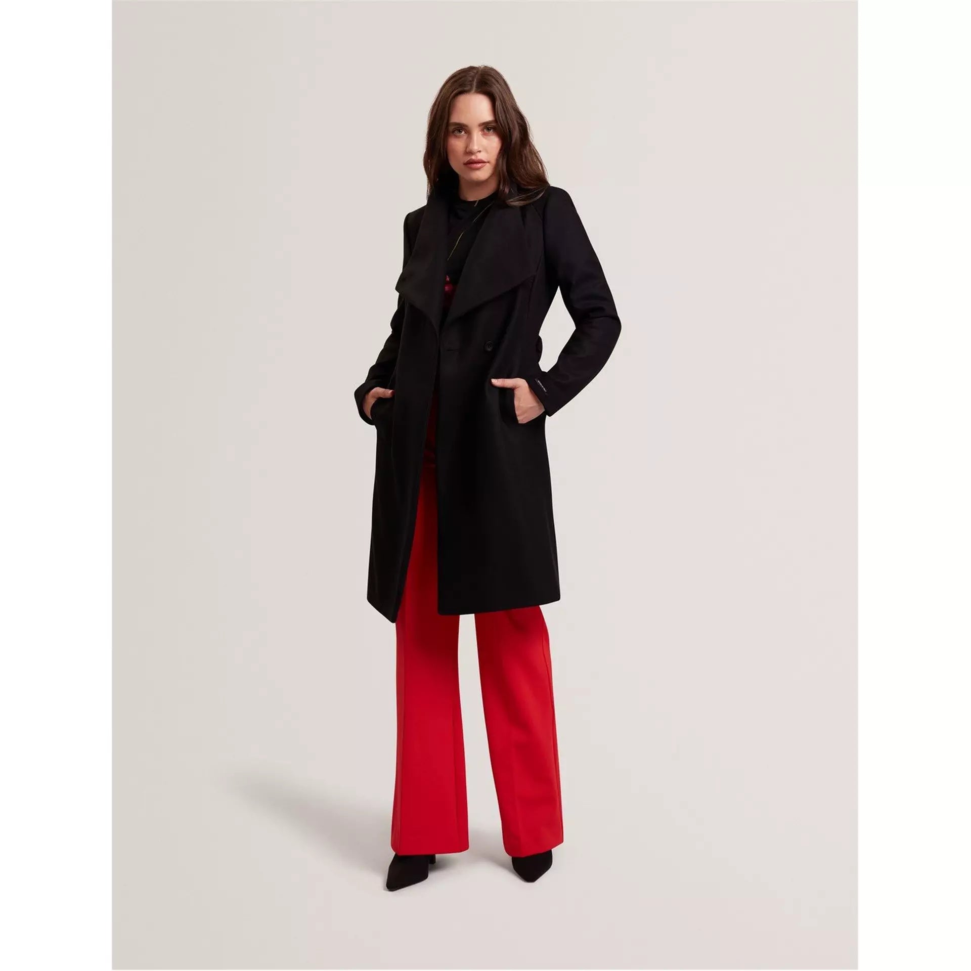 Womens Rose Belted Midi Wool Long Sleeve Coat