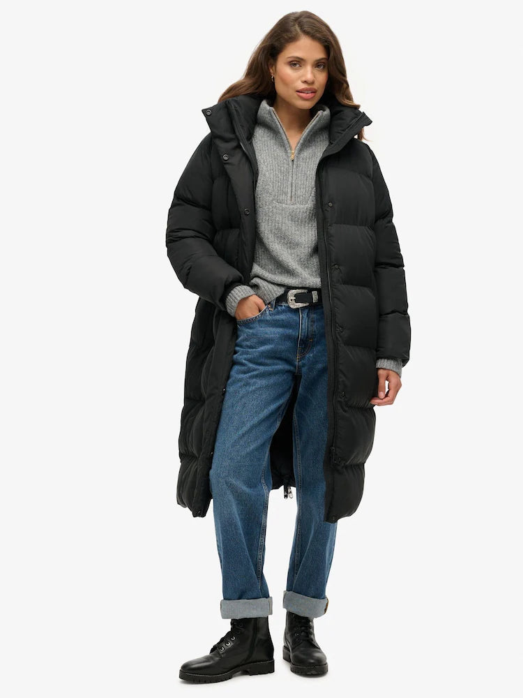 Black Longline Hooded Puffer Coat