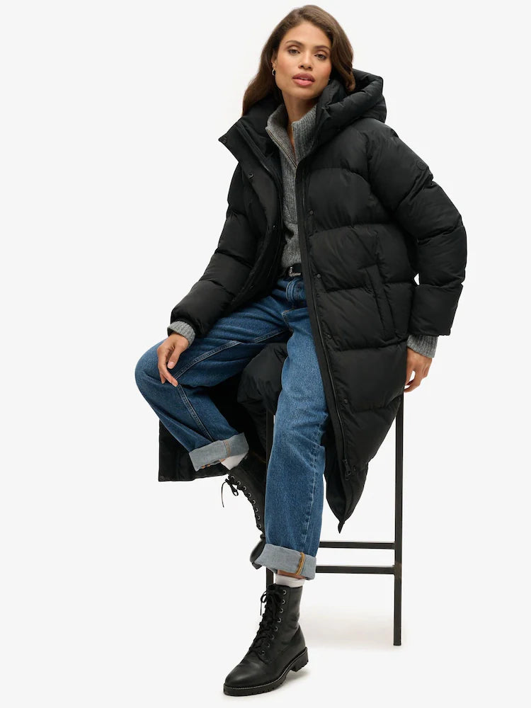 Black Longline Hooded Puffer Coat