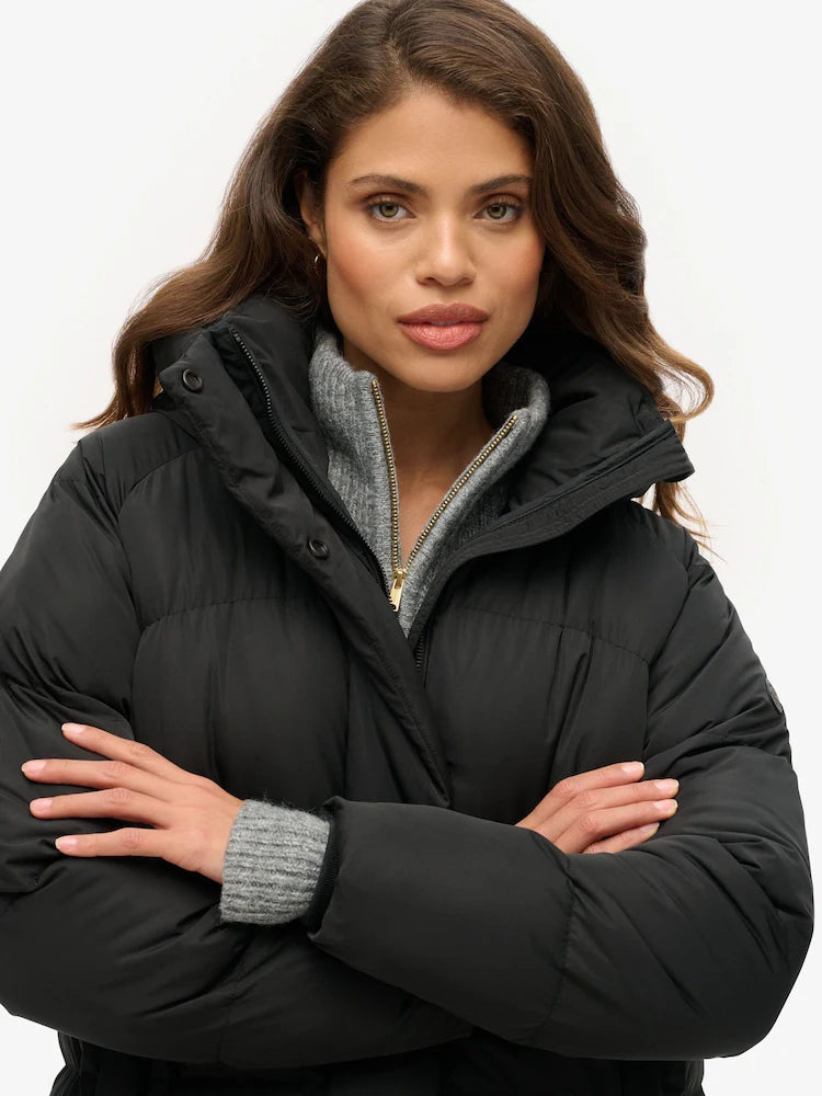 Black Longline Hooded Puffer Coat