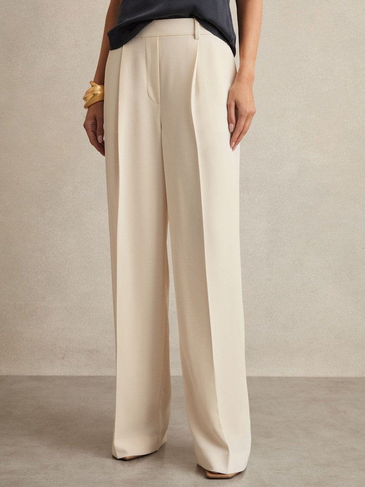 Reiss Cream Eden Elasticated-Waist Wide-Leg Twill Trousers