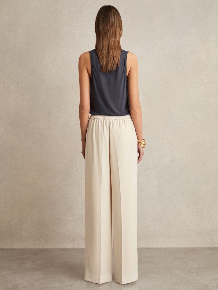 Reiss Cream Eden Elasticated-Waist Wide-Leg Twill Trousers