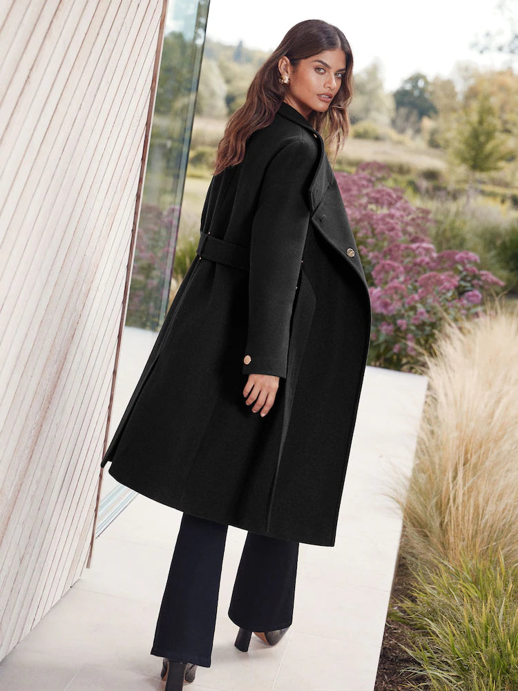 lack Asymmetrical Funnel Neck Belted Coat