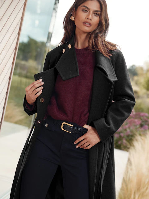 lack Asymmetrical Funnel Neck Belted Coat