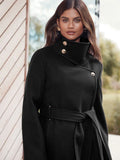 lack Asymmetrical Funnel Neck Belted Coat