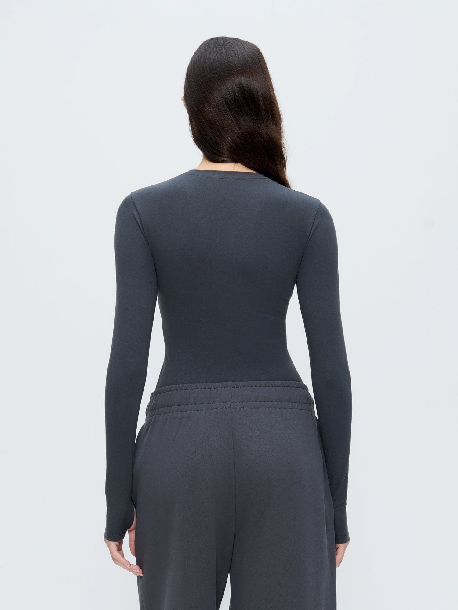 Womens Cotton-Stretch Long-Sleeved Top—Smoked Black
