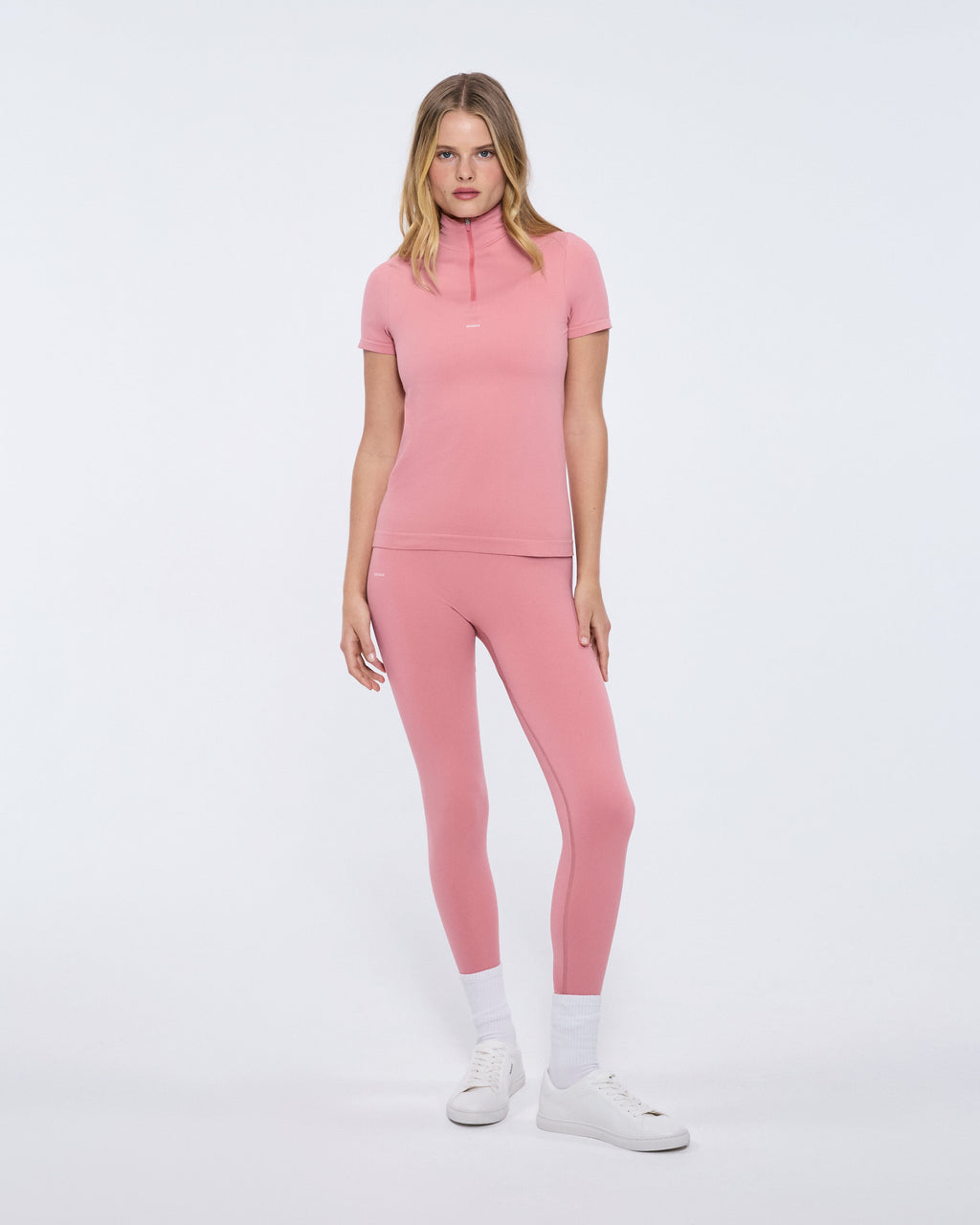Womens 99% Bio-Based Zipped Short Sleeve Top—Dewy Rose