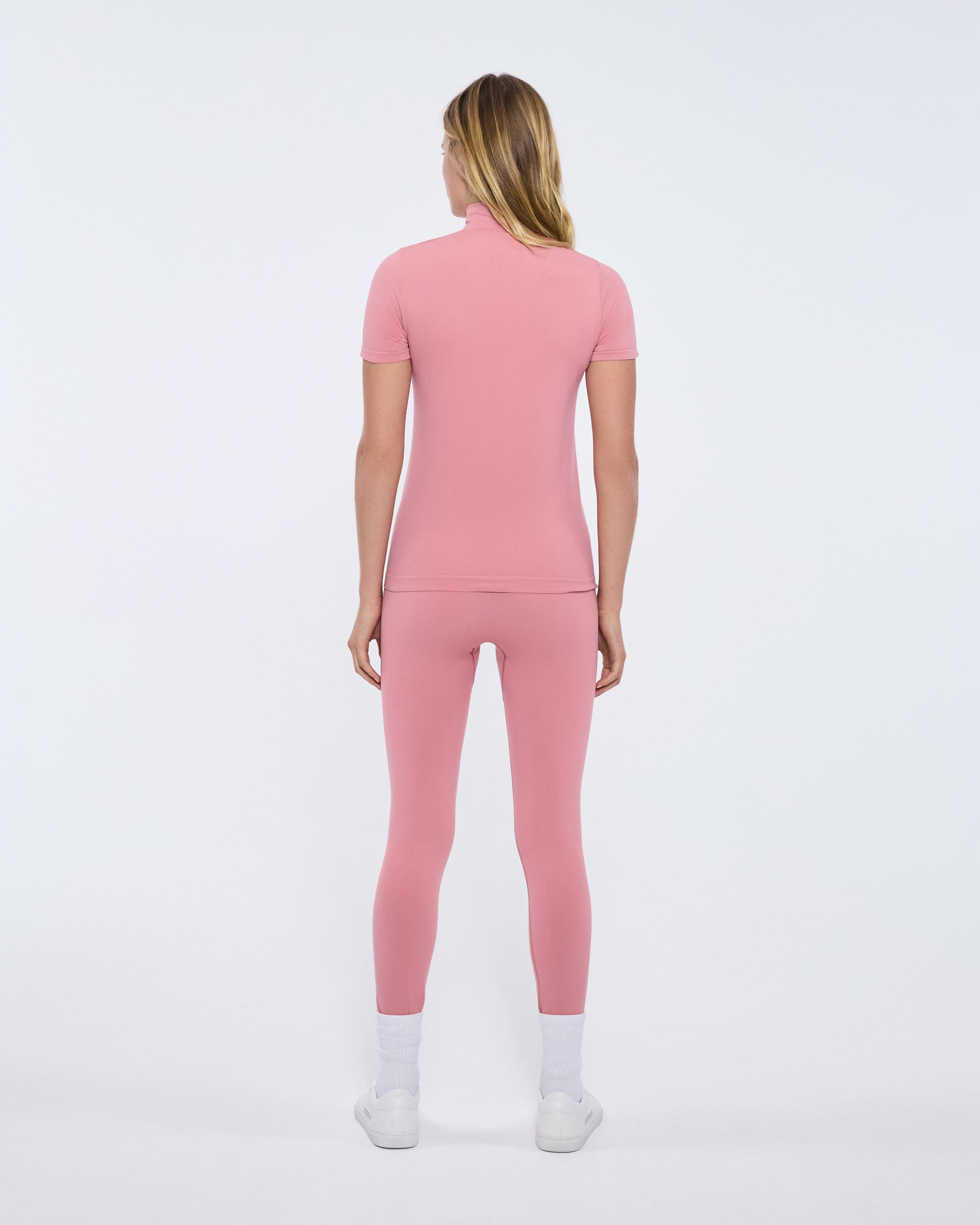 Womens 99% Bio-Based Zipped Short Sleeve Top—Dewy Rose