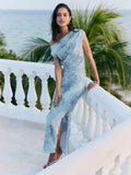 Friends Like These Pale Blue Textured Draped One Shoulder Midi Dress