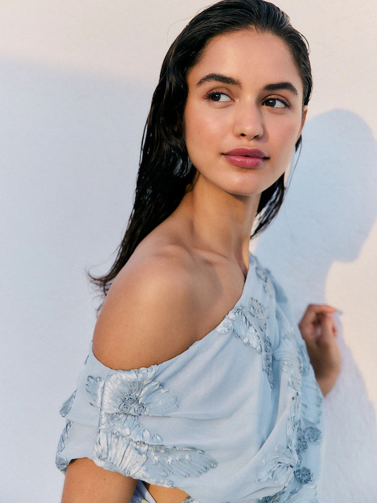 Friends Like These Pale Blue Textured Draped One Shoulder Midi Dress