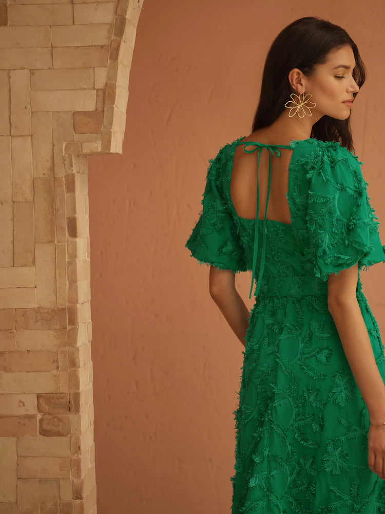 Love & Roses Green Tufted Palm Puff Sleeve Midi Dress