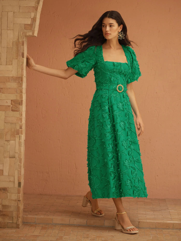 Love & Roses Green Tufted Palm Puff Sleeve Midi Dress