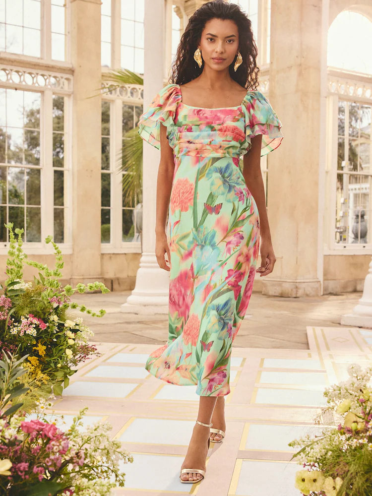 Love & Roses x RHS Green Blurred Floral Flutter Sleeve Pleated Bodice Midi Dress