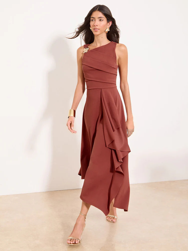 Lipsy Rust Brown Gold Trim Ruffle Drape Fit And Flare Midi Dress