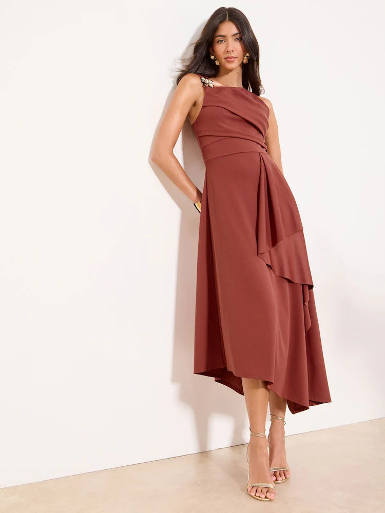 Lipsy Rust Brown Gold Trim Ruffle Drape Fit And Flare Midi Dress