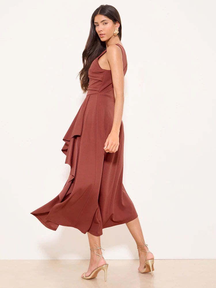 Lipsy Rust Brown Gold Trim Ruffle Drape Fit And Flare Midi Dress