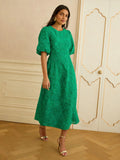 Love & Roses Bright Green Textured Puff Sleeve Crew Neck Midi Dress