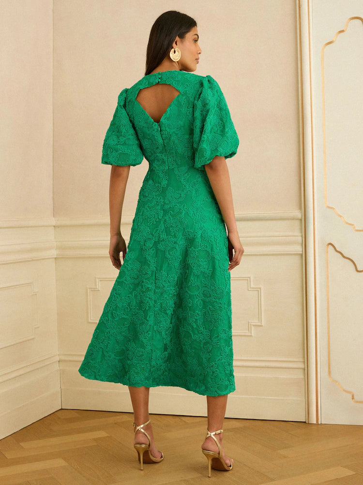 Love & Roses Bright Green Textured Puff Sleeve Crew Neck Midi Dress