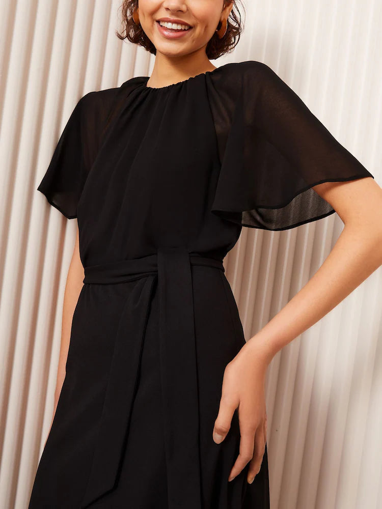 Friends Like These Black Jersey Chiffon Flutter Sleeve Midi Dress
