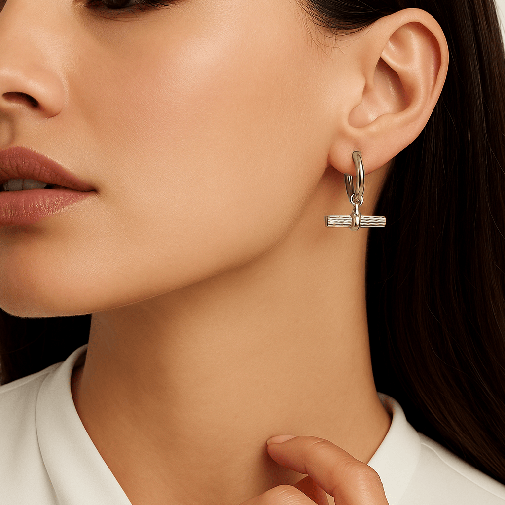 Signature White Gold T-Bar Hoop Earings