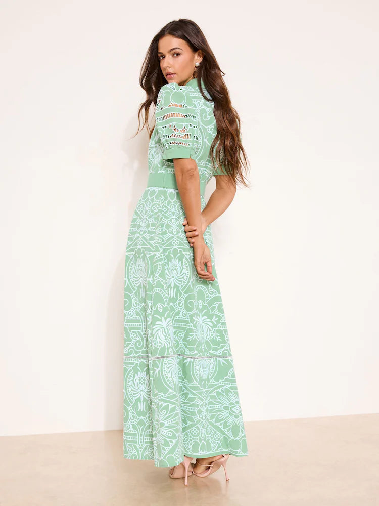 Lipsy Mint Green Premium Belted Puff Sleeve Embroidery Shirt Midi Dress
