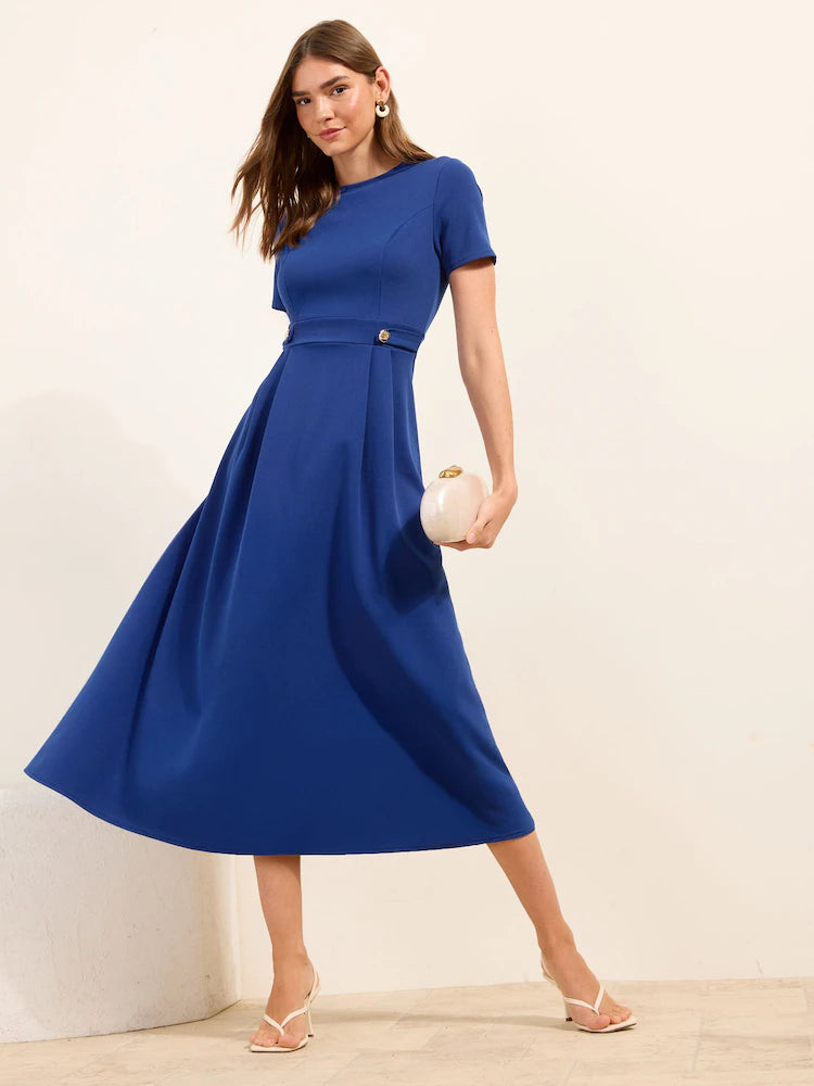 Friends Like These Blue Tab Detail Short Sleeve Midi Tailored Dress