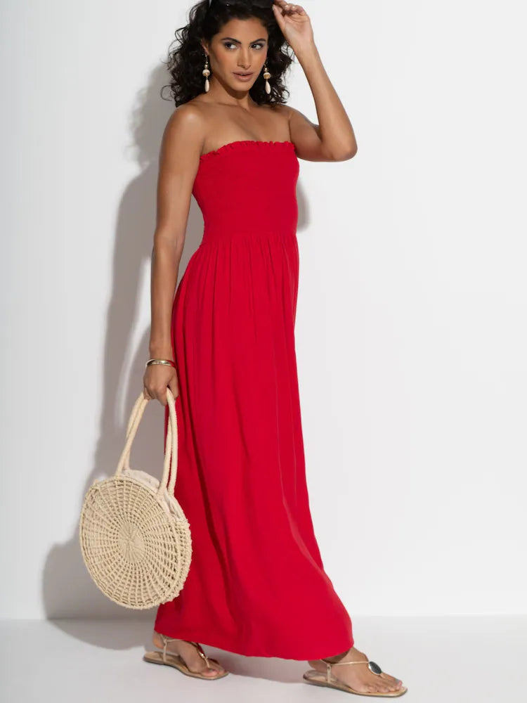 Pour Moi Red Emma Strapless Shirred Bodice Woven Maxi Beach Dress
