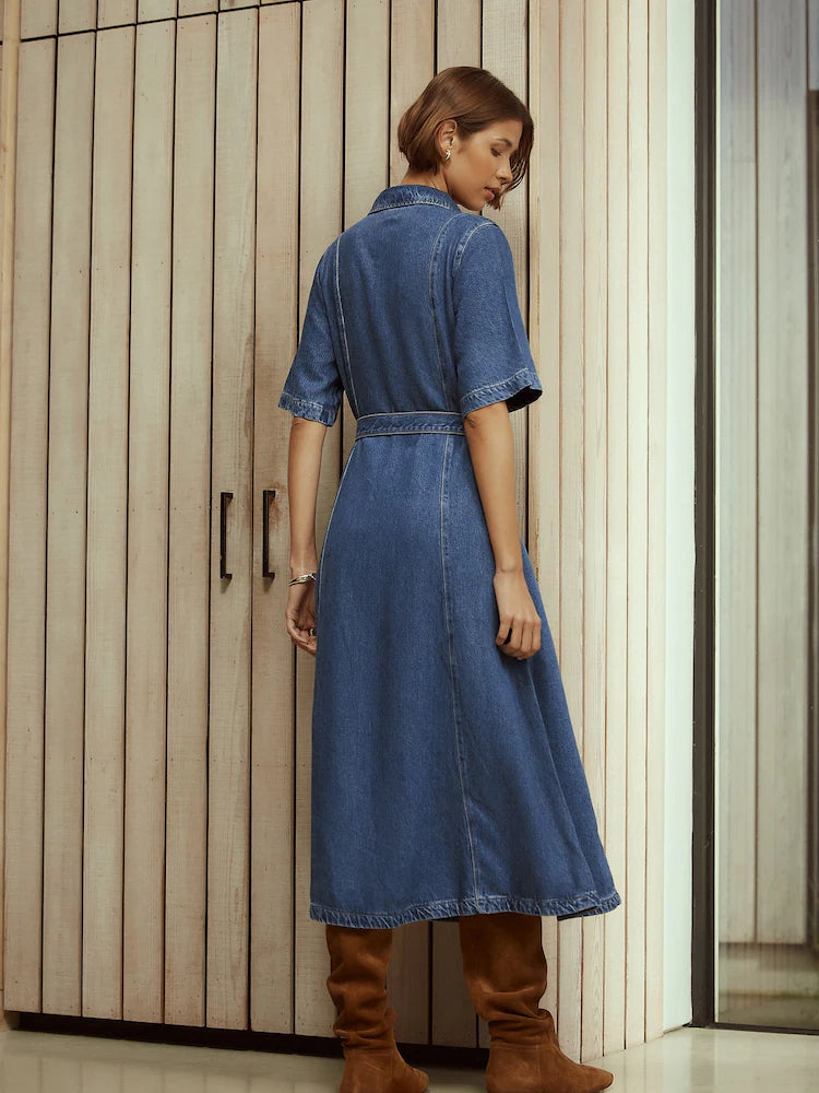 Mid Blue Denim N.Premium Short Sleeve Shirt Maxi Dress