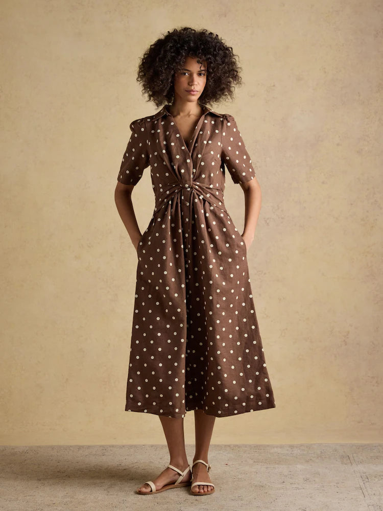 Joules Marina Brown Polka Dot Midi Linen Blend Dress