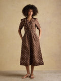 Joules Marina Brown Polka Dot Midi Linen Blend Dress
