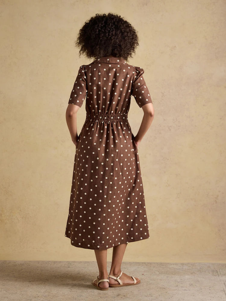 Joules Marina Brown Polka Dot Midi Linen Blend Dress