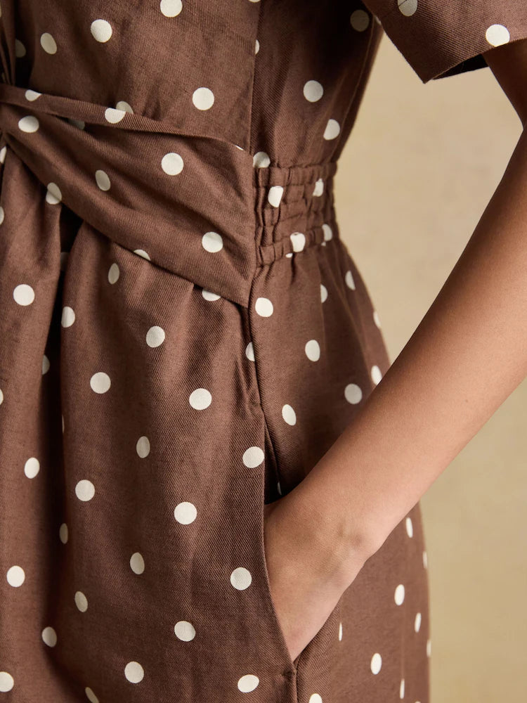 Joules Marina Brown Polka Dot Midi Linen Blend Dress
