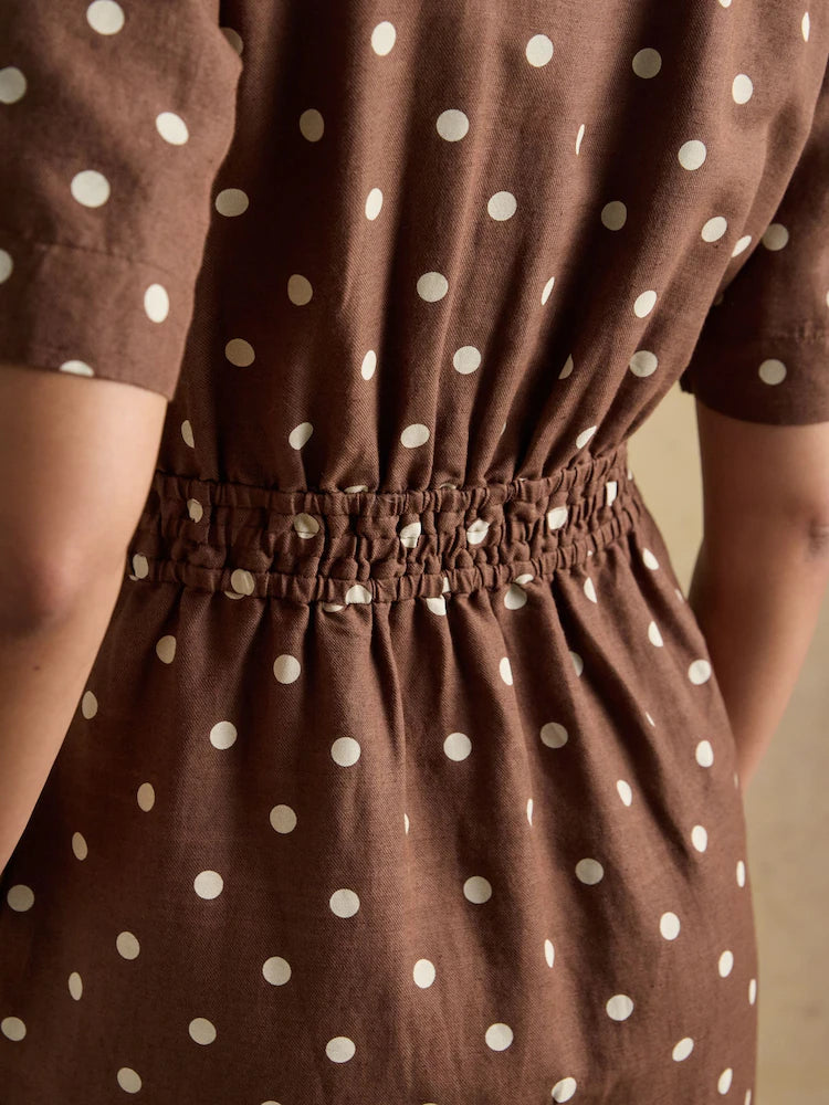Joules Marina Brown Polka Dot Midi Linen Blend Dress