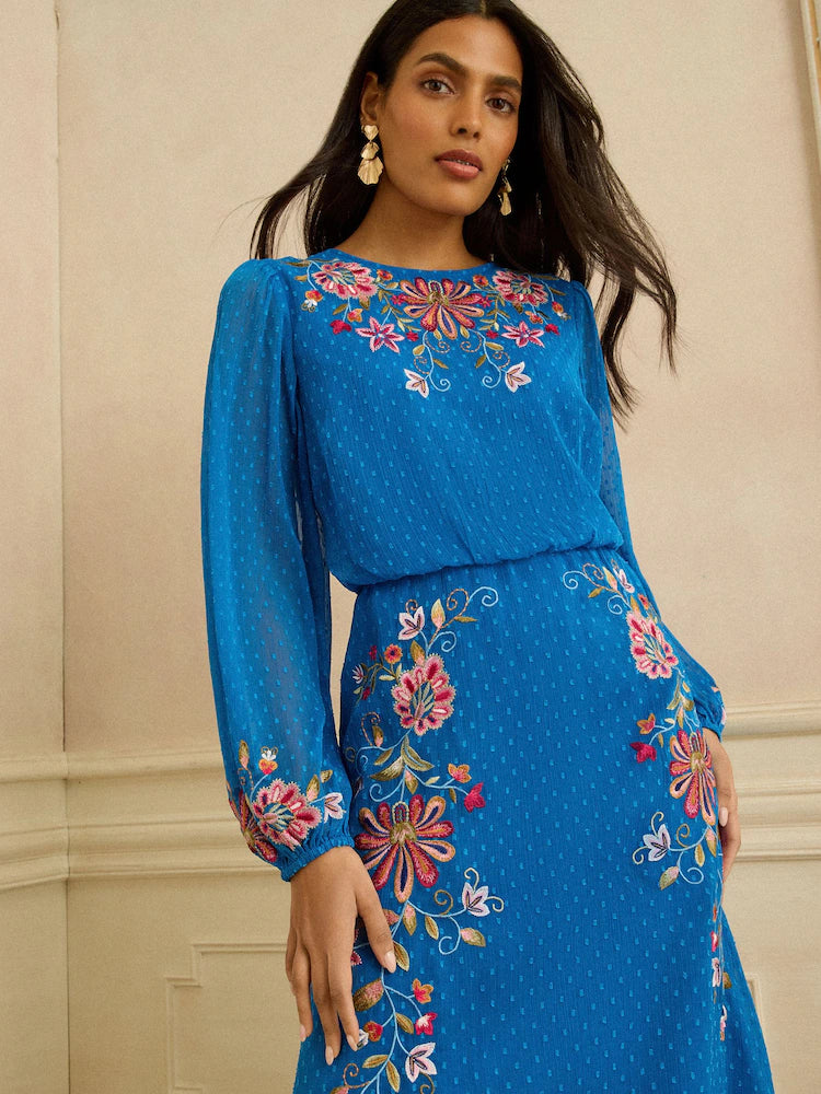 Love & Roses Cobalt Blue Floral Embroidered Crew Neck Maxi Dress