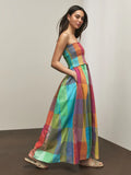 Multi Check Bandeau Shirred Body Midi Dress